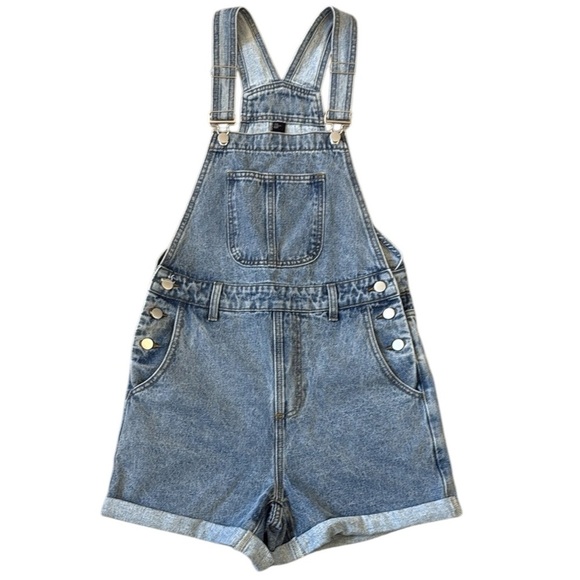 Cider Denim - Cider Blue Denim Bib Overall Shorts Silver Hardware Rolled Hem Romper XS